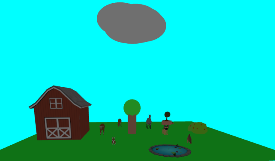 Image of an interactive educational farm experience with a barn and various animals